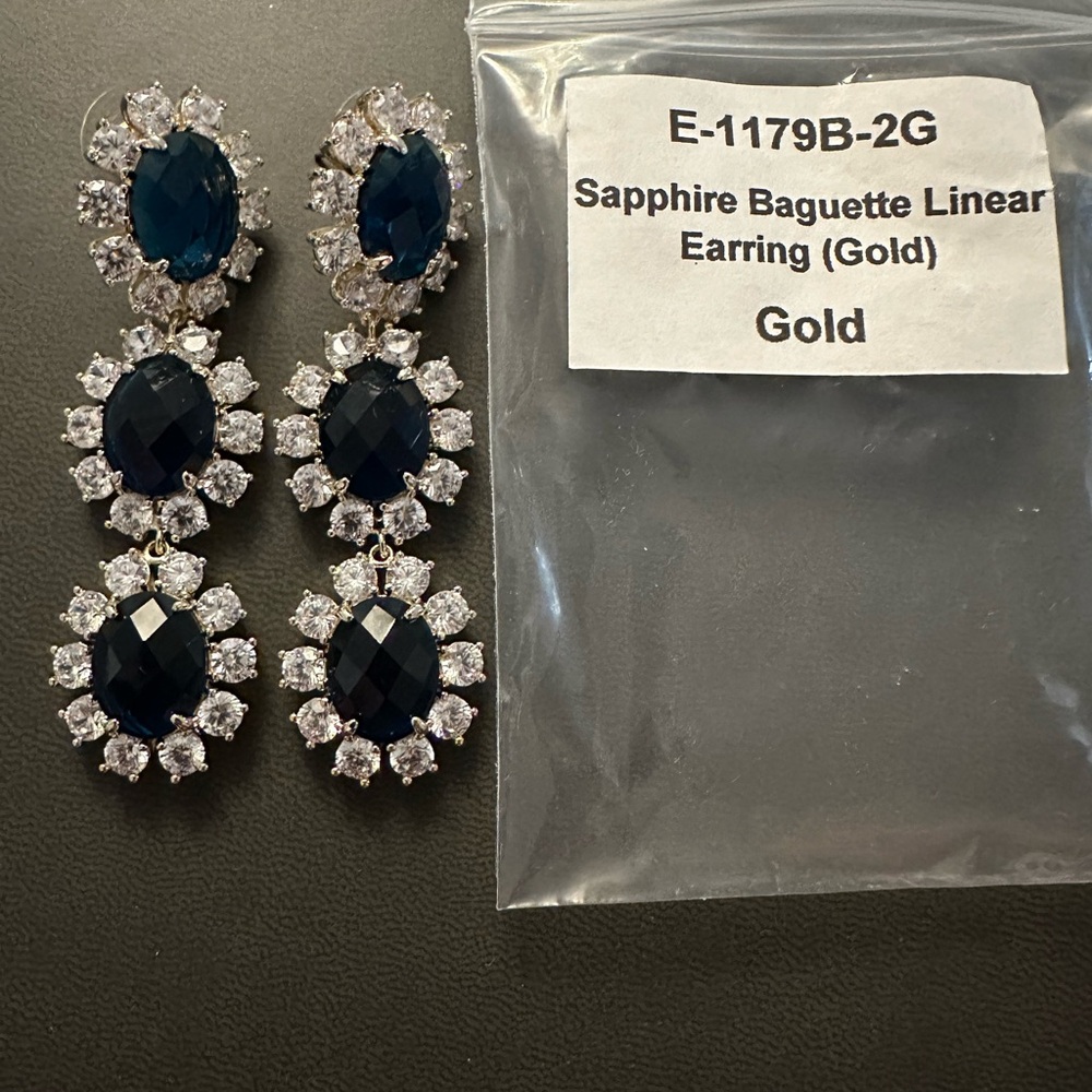 Sapphire Baguette Linear Earrings - Gold and Blue
